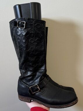 Frye x Coach Collab Veronica black leather all over monogram boots - 9 women’s